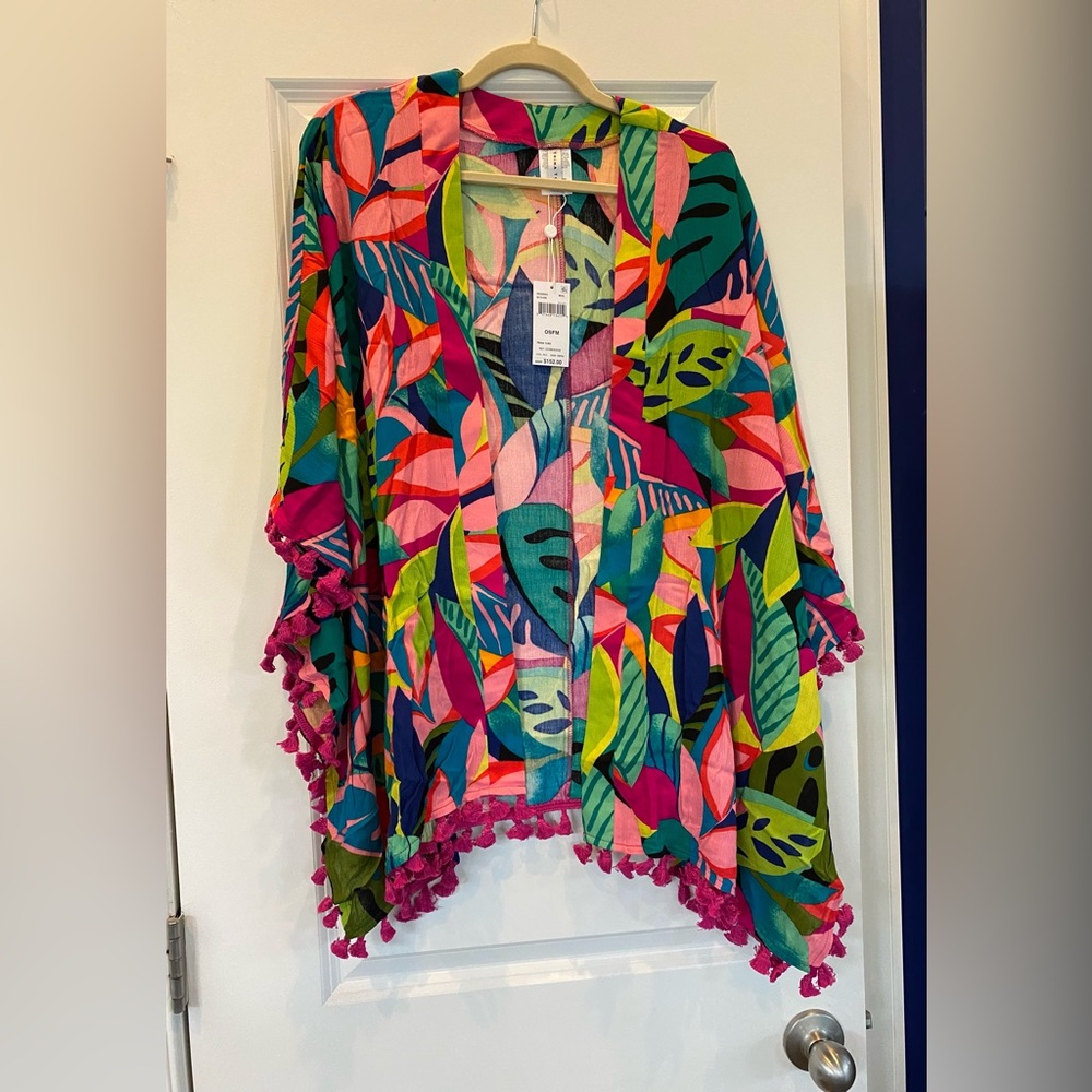Trina Turk Colorful Leaf Print Coverup with Pom-Pom Trim - NWT